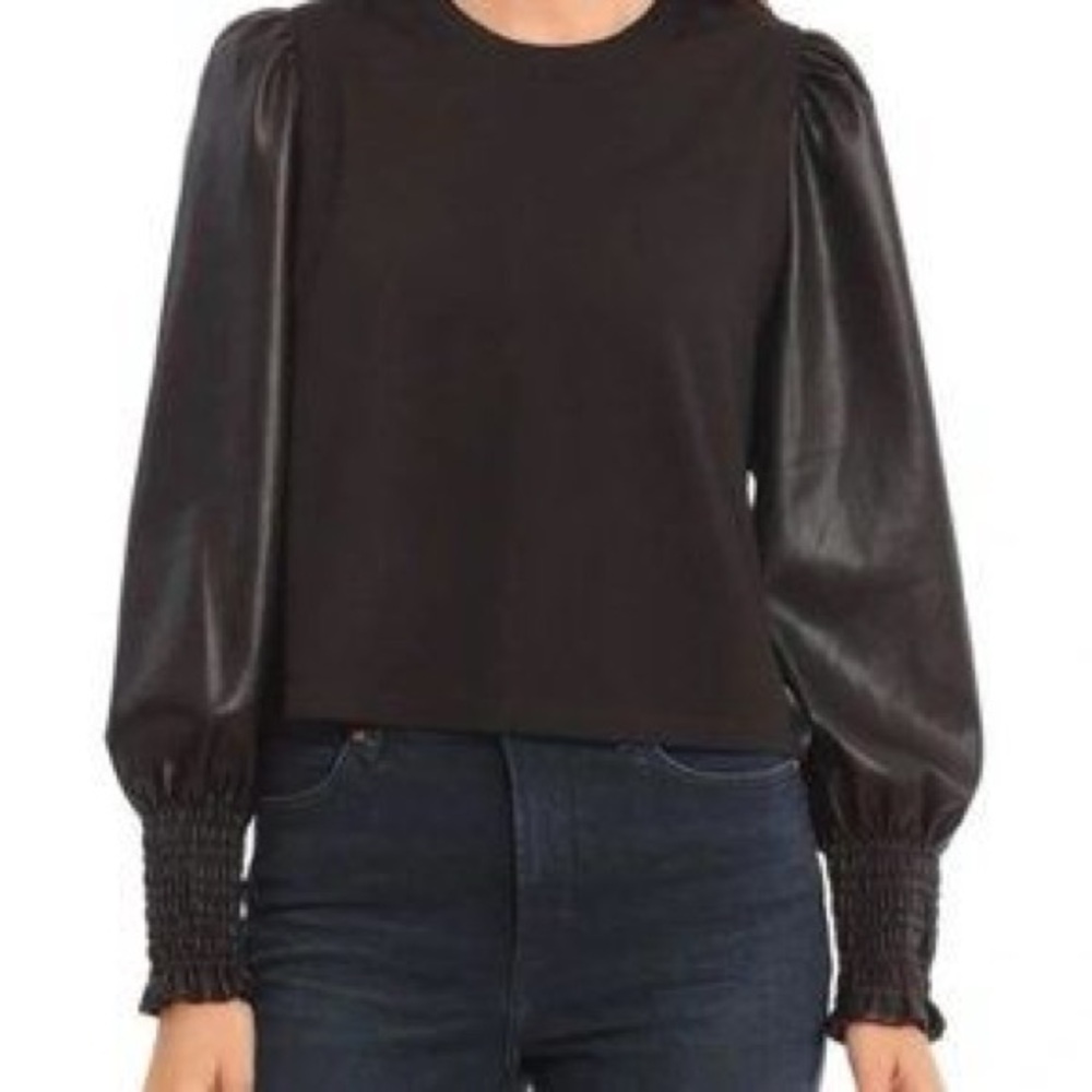 Bagatelle Elegant Black Women's Top with Faux Leather Sleeves